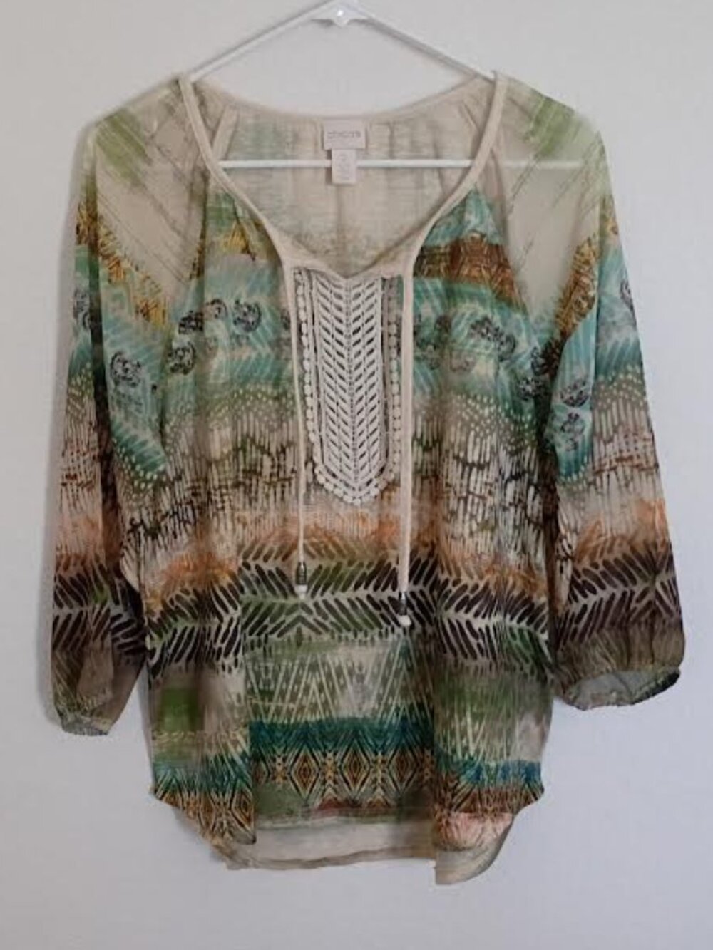 CHICO'S WOMEN'S TOP 3/4 SHEER SLEEVES CROCHET TRIM TIE NECK GREEN BOHO SIZE 2